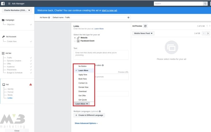 CTA Creation Options Facebook