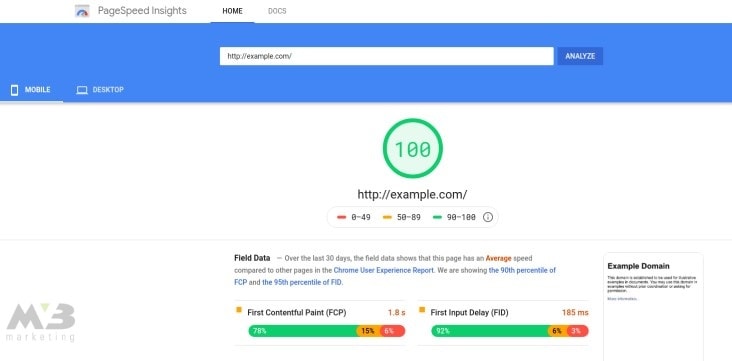 Example speed rate with PageSpeed