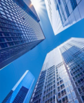 Looking up at business buildings in downtown New York, USA