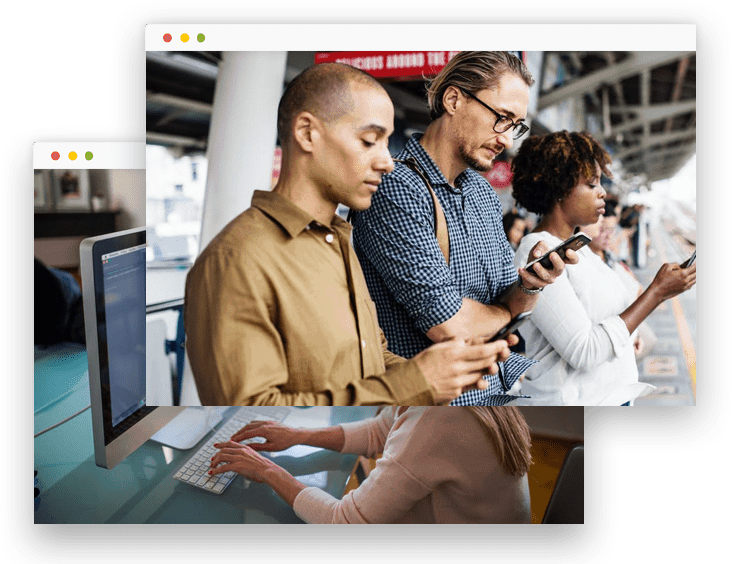 Commuters waiting in line on their phones