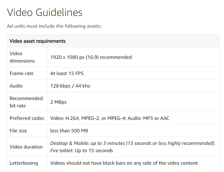 Video Specifications on Amazon