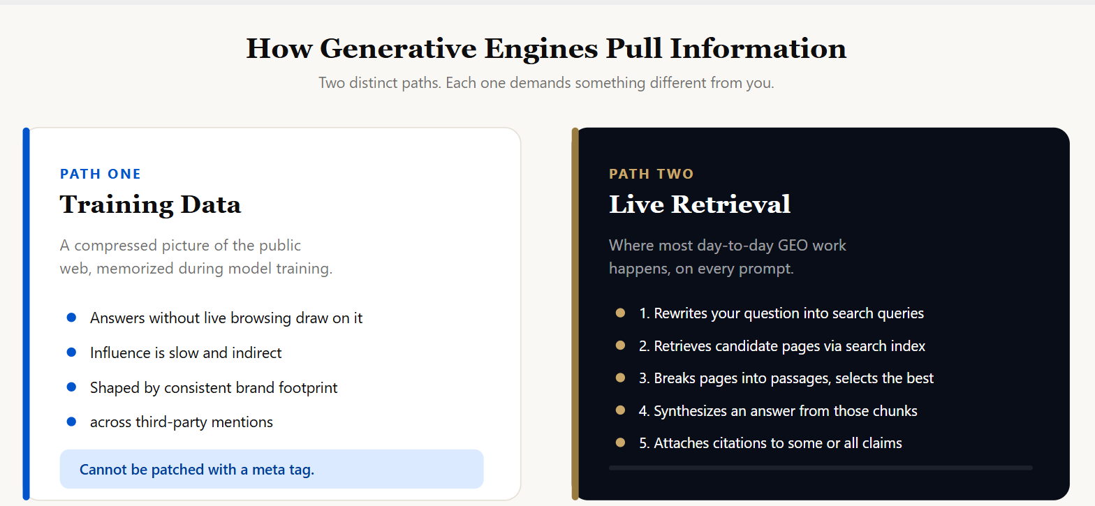 Diagram comparing the two paths generative engines use to answer a question: training data versus live retrieval