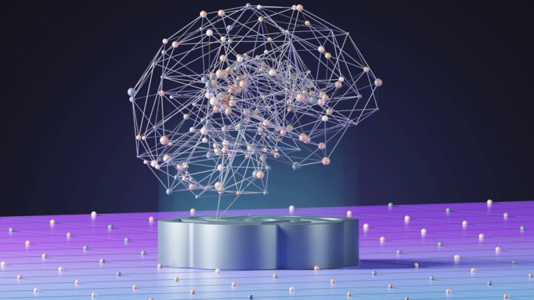 Abstract 3D visualization of a neural network representing generative AI understanding and connecting information