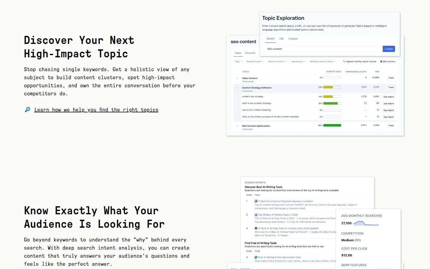 Best AI SEO Tools in 2026: 12 Tools Compared by the Job They Do 10 Clearscope Topic Exploration interface showing clustered topics with share of voice and impressions data