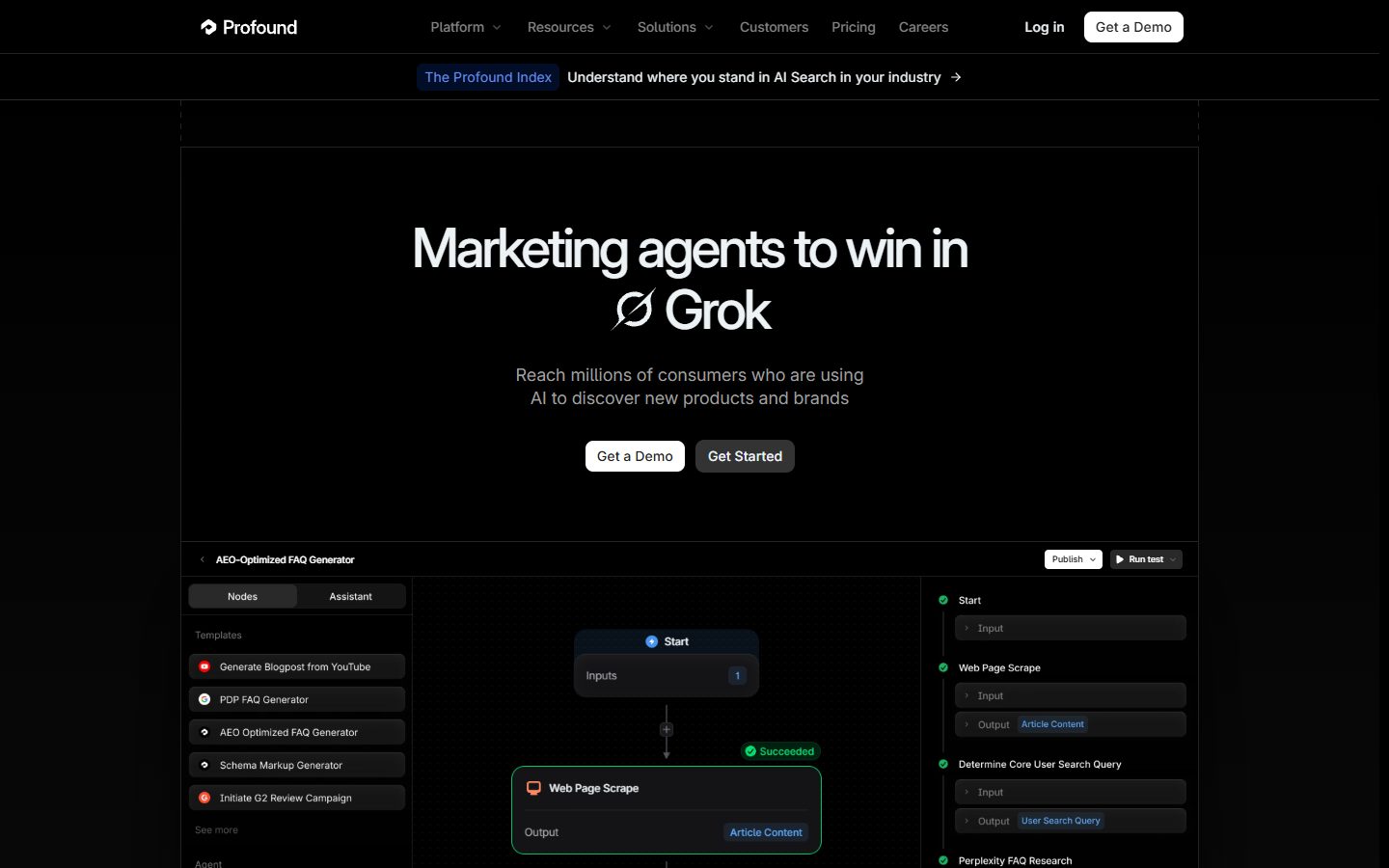 Best AI SEO Tools in 2026: 12 Tools Compared by the Job They Do 1 Profound homepage showing the Agents workflow builder interface with node canvas and prebuilt AEO templates