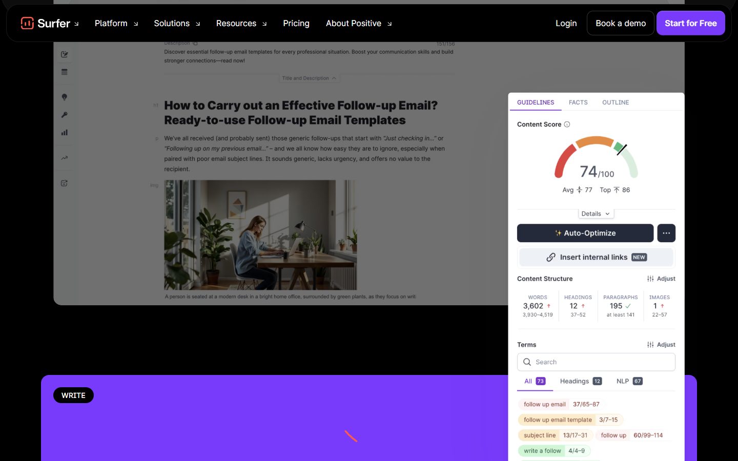 Best AI SEO Tools in 2026: 12 Tools Compared by the Job They Do 9 Surfer Content Editor showing a draft beside the Guidelines panel with content score gauge, structure targets and term suggestions