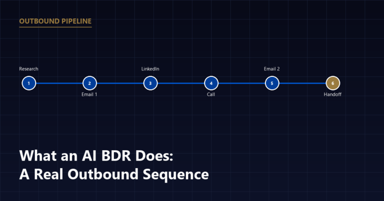 Timeline diagram of a six-step AI BDR outbound sequence: research, email, LinkedIn, call, email, handoff