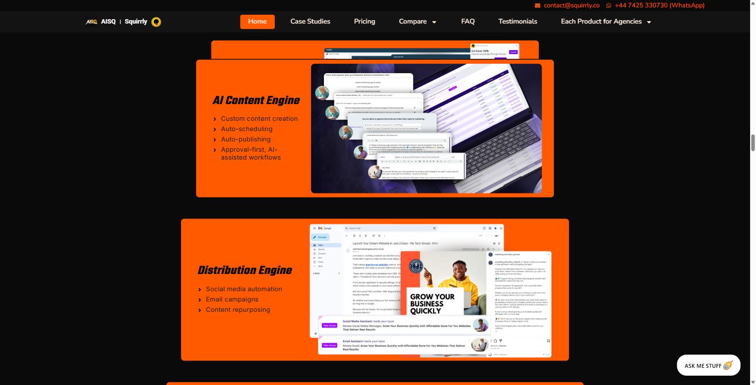 AISQ Meteor for Marketing Agencies: A Practical Guide to Running SEO, Content, and Social From One Platform 2 AISQ Meteor AI Content Engine and Distribution Engine feature cards showing an article approval interface, keyword-driven content plan, and a Gmail-based social and email assistant approval workflow