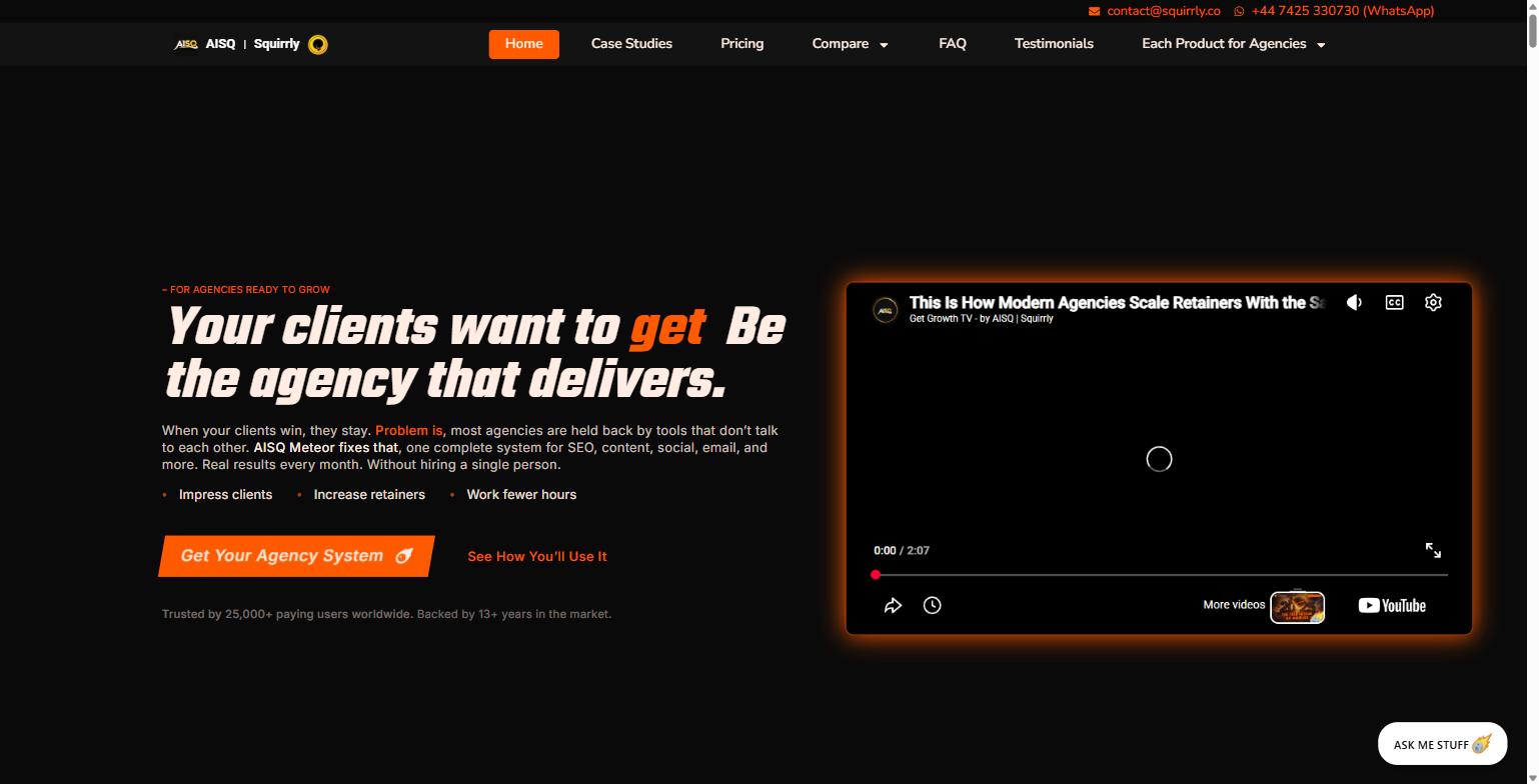 AISQ Meteor for Marketing Agencies: A Practical Guide to Running SEO, Content, and Social From One Platform 1 AISQ Meteor homepage hero showing the headline 'Your clients want to be found. Be the agency that delivers' with the Get Your Agency System call to action