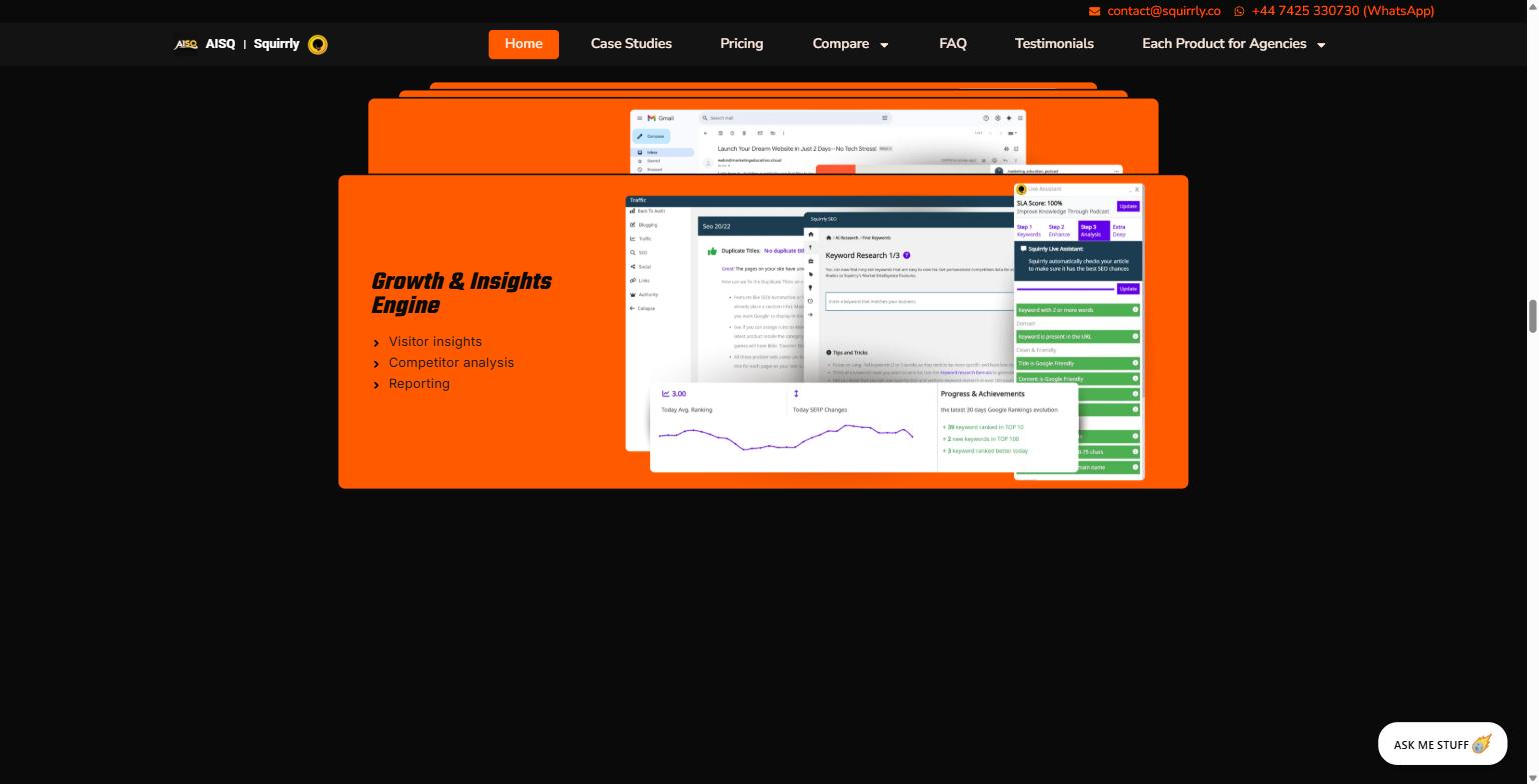 AISQ Meteor for Marketing Agencies: A Practical Guide to Running SEO, Content, and Social From One Platform 3 AISQ Meteor Growth and Insights Engine screenshot showing Squirrly SEO keyword research, duplicate title audit findings, SERP ranking changes, and a live SEO assistant scoring an article