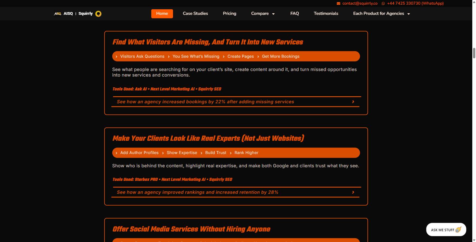 AISQ Meteor for Marketing Agencies: A Practical Guide to Running SEO, Content, and Social From One Platform 4 AISQ Meteor workflow cards titled Find What Visitors Are Missing and Turn It Into New Services, and Make Your Clients Look Like Real Experts, each showing a step-by-step process and linked tools used