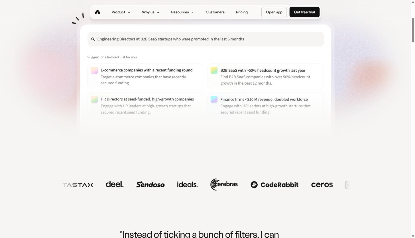 Amplemarket Searcher tool showing a natural language prospecting query and suggested search prompts, with customer logos including Deel, Sendoso, Cerebras, and CodeRabbit