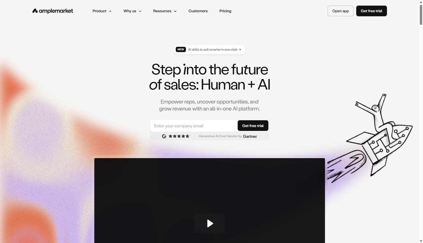 Amplemarket homepage hero showing the tagline Step into the future of sales: Human plus AI