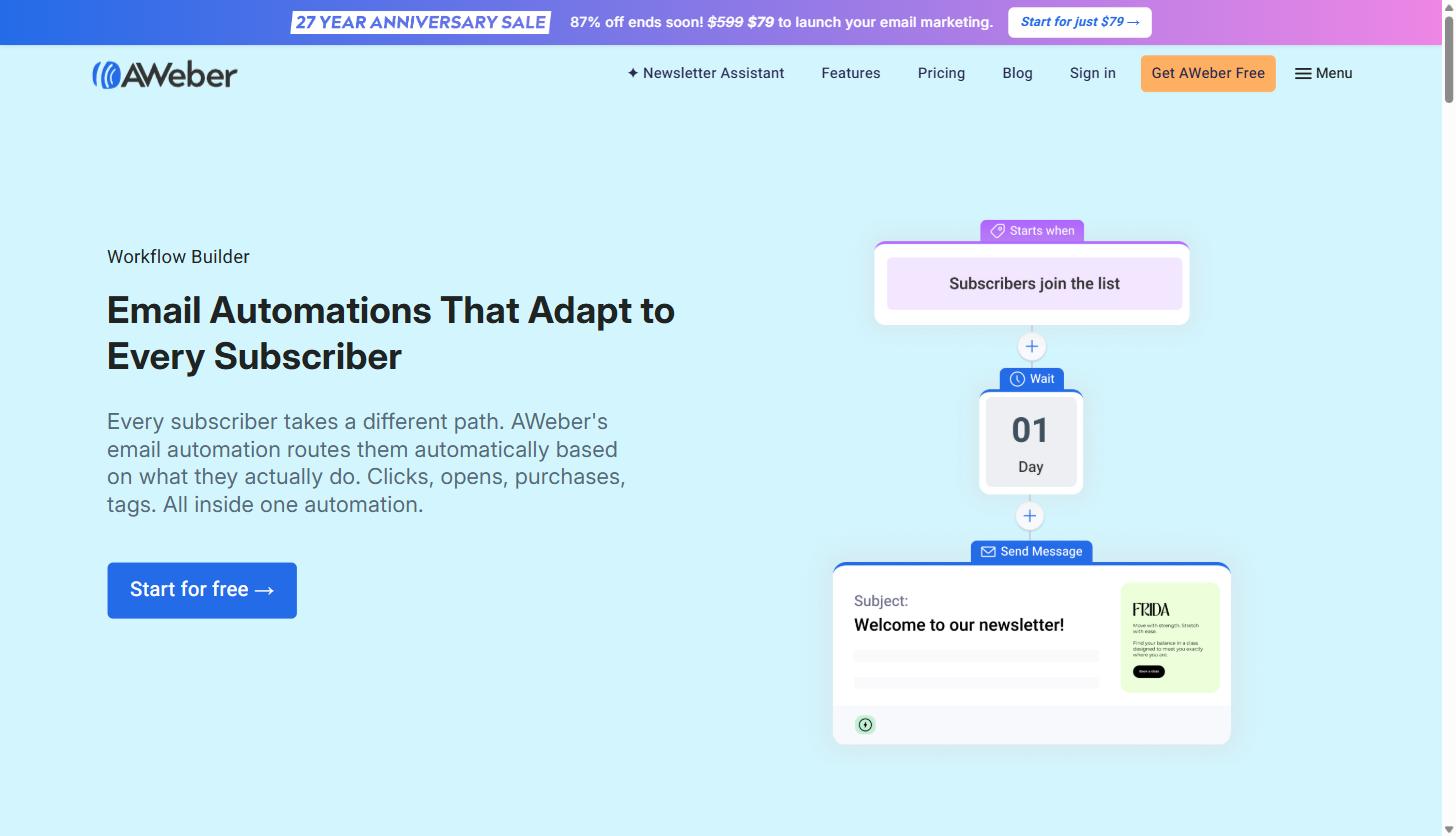 AWeber for B2B Service Business Marketers: A Practical Guide to Email Nurture and Newsletter Campaigns 2 AWeber automation workflow builder showing a subscribe trigger, one day wait step, and welcome email send