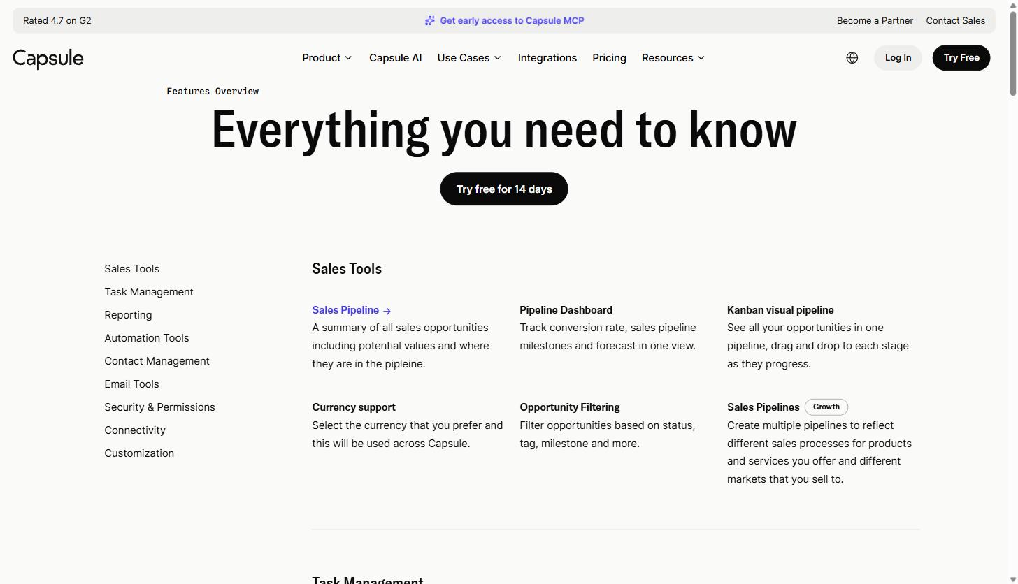 Capsule CRM features overview page listing Sales Tools including Sales Pipeline, Pipeline Dashboard, Kanban visual pipeline, Currency support, and Opportunity Filtering
