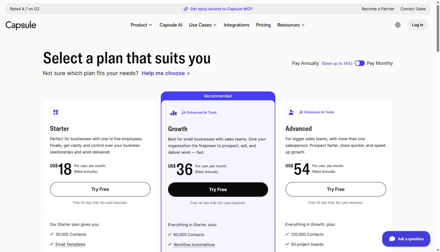 Capsule CRM pricing page showing three plans: Starter at $18 per user per month, Growth at $36 recommended, and Advanced at $54, all with a free 14-day trial