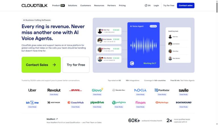 CloudTalk homepage showing AI Voice Agent dashboard with live call routing for sales and support teams