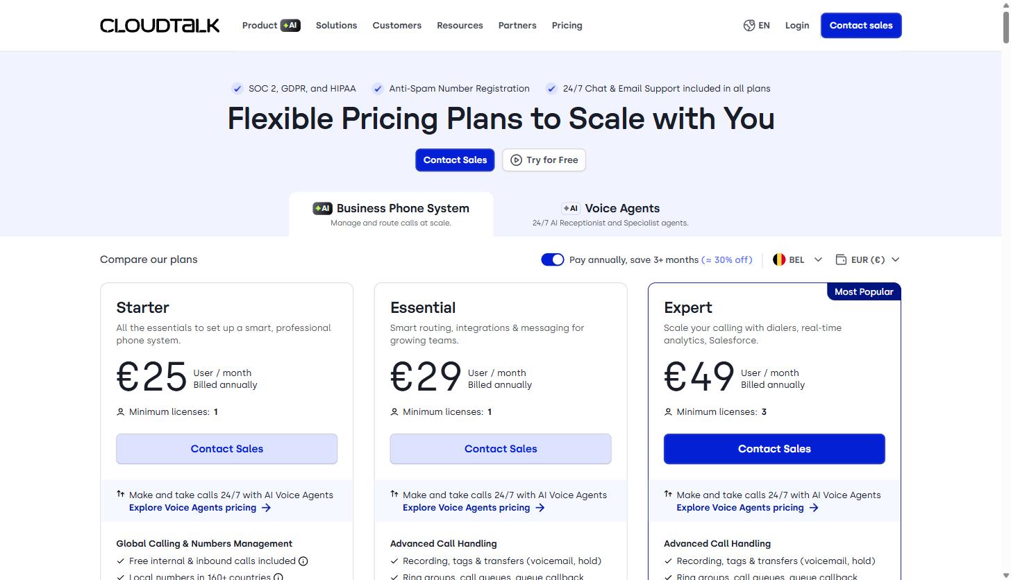 CloudTalk pricing page comparing Starter, Essential, and Expert plans with per-user monthly pricing