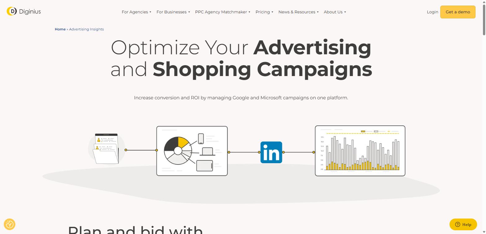 Diginius Advertising Insights page headline stating Optimize Your Advertising and Shopping Campaigns, with Google, LinkedIn, and Microsoft channel integration icons