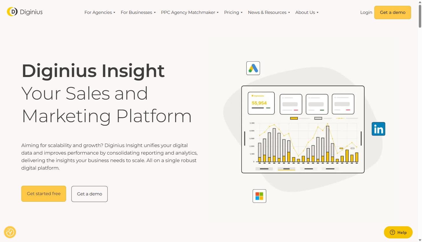 Diginius Insight homepage showing the unified sales and marketing platform dashboard with Google Ads, Microsoft Advertising, and LinkedIn integration icons