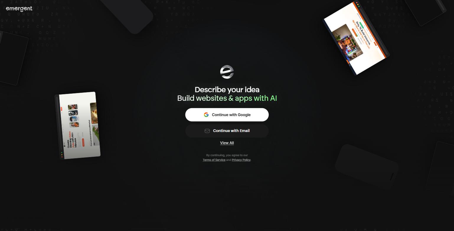 Emergent for B2B SaaS and Agency Teams: A Practical Guide to Building Real Websites and Apps by Talking to an AI 1 Emergent app.emergent.sh landing screen showing the tagline Describe your idea, Build websites and apps with AI, with Continue with Google and Continue with Email sign-in options