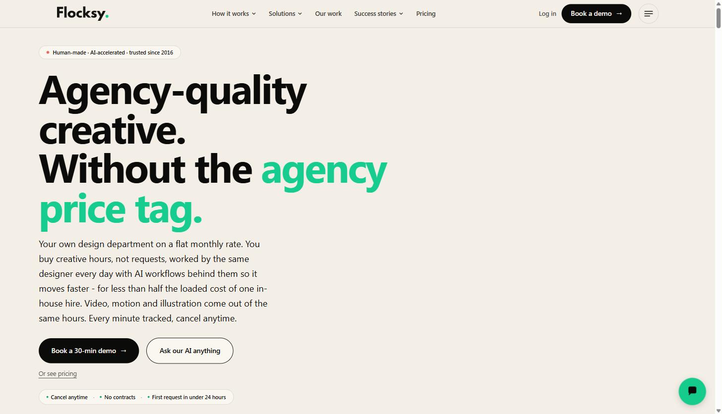 Flocksy for B2B SaaS and Agency Marketing Teams: A Practical Guide to Outsourcing Creative Overflow 1 Flocksy homepage showing the agency-quality creative subscription positioning and flat monthly rate messaging