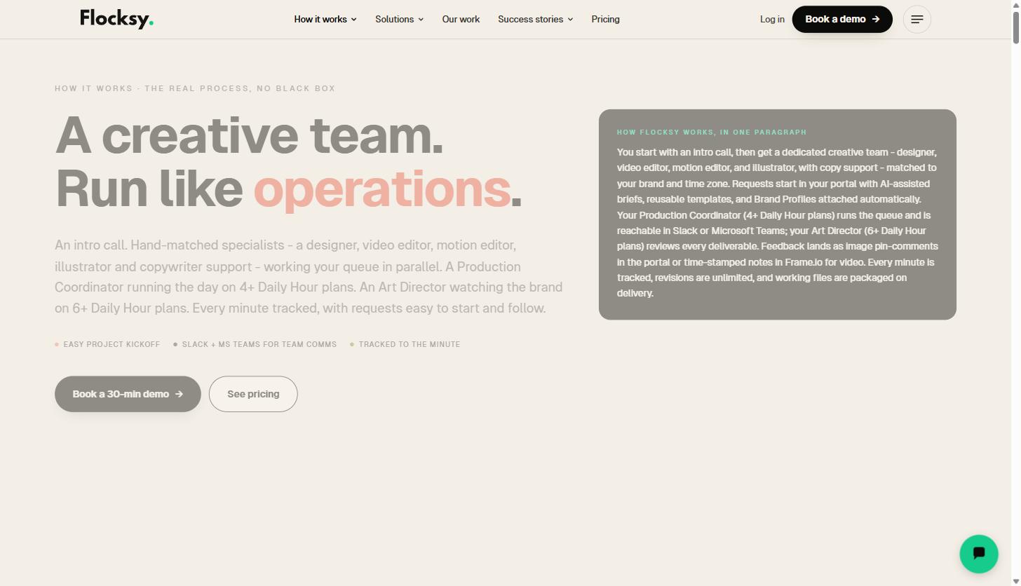 Flocksy for B2B SaaS and Agency Marketing Teams: A Practical Guide to Outsourcing Creative Overflow 2 Flocksy how it works page showing the dedicated creative team workflow and daily hours model