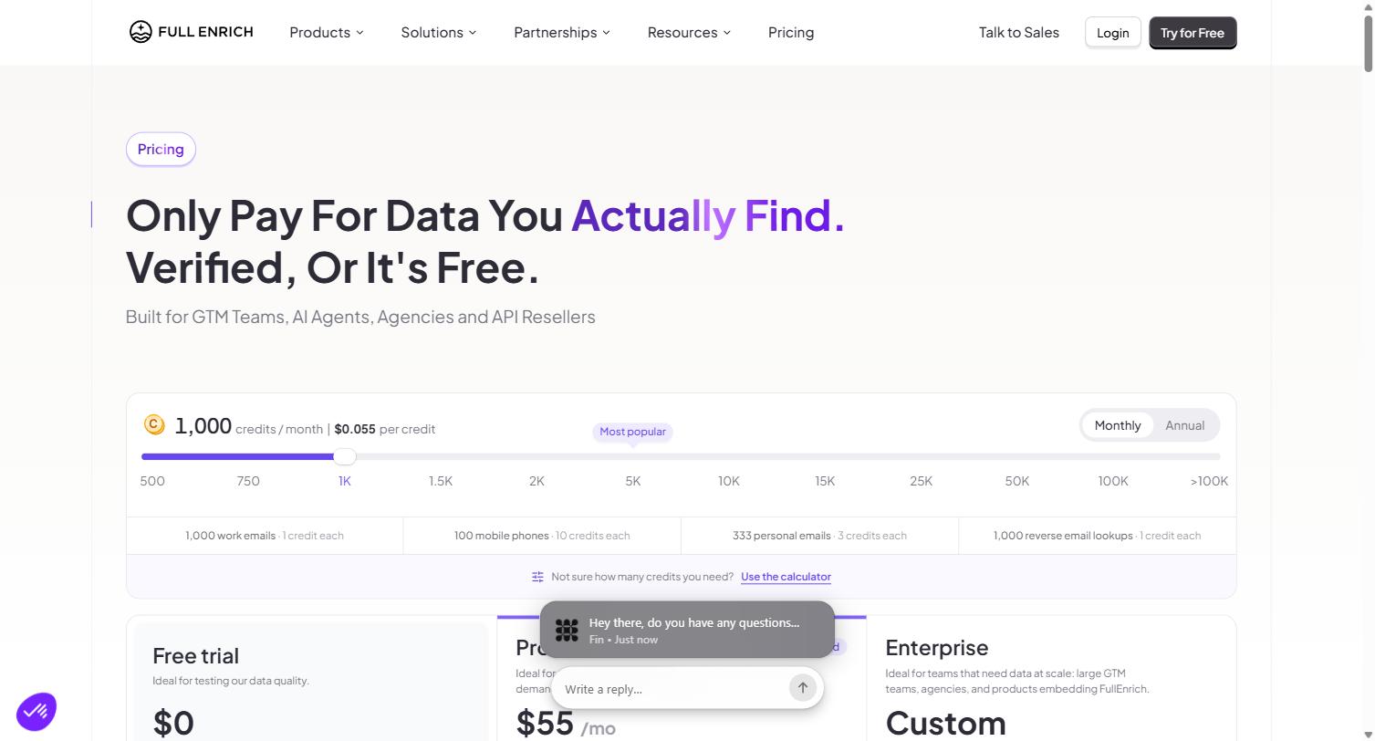FullEnrich for B2B SaaS Sales Teams: A Practical Guide to Waterfall Contact Enrichment 3 FullEnrich pricing page showing Free trial, Pro at fifty five dollars per month, and Enterprise custom plans