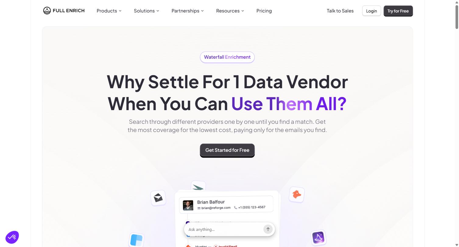 FullEnrich for B2B SaaS Sales Teams: A Practical Guide to Waterfall Contact Enrichment 1 FullEnrich waterfall enrichment product page reading Why Settle For 1 Data Vendor When You Can Use Them All