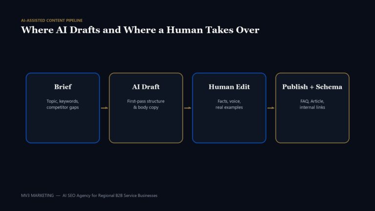 AI-assisted content pipeline diagram showing brief, AI draft, human edit, and publish with schema stages