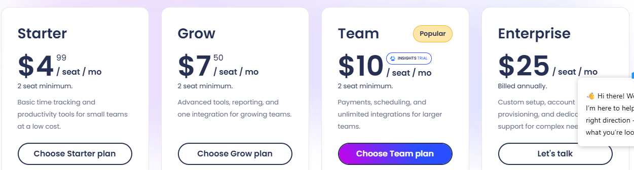 How to Track Time on a Remote Team Without Micromanaging: A Real Hubstaff Walkthrough 3 Hubstaff pricing page showing Starter, Grow, Team, and Enterprise plan cards with per-seat monthly pricing