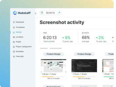 How to Track Time on a Remote Team Without Micromanaging: A Real Hubstaff Walkthrough 2 Hubstaff 'Screenshot activity' dashboard showing total hours worked, average activity percentage, and timestamped screenshots grouped by project