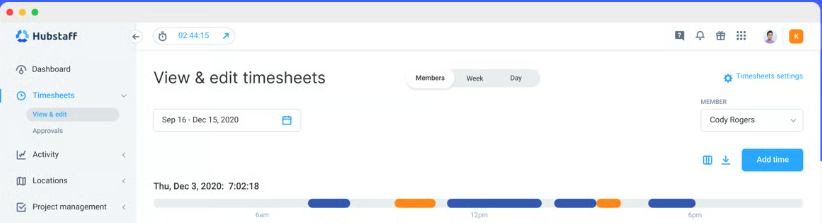 How to Track Time on a Remote Team Without Micromanaging: A Real Hubstaff Walkthrough 1 Hubstaff 'View & edit timesheets' dashboard showing a team member's daily timeline, activity percentage, and time entries by project