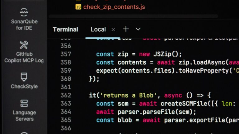Dark-mode code editor screen showing JavaScript, representing rendering strategy decisions for SEO