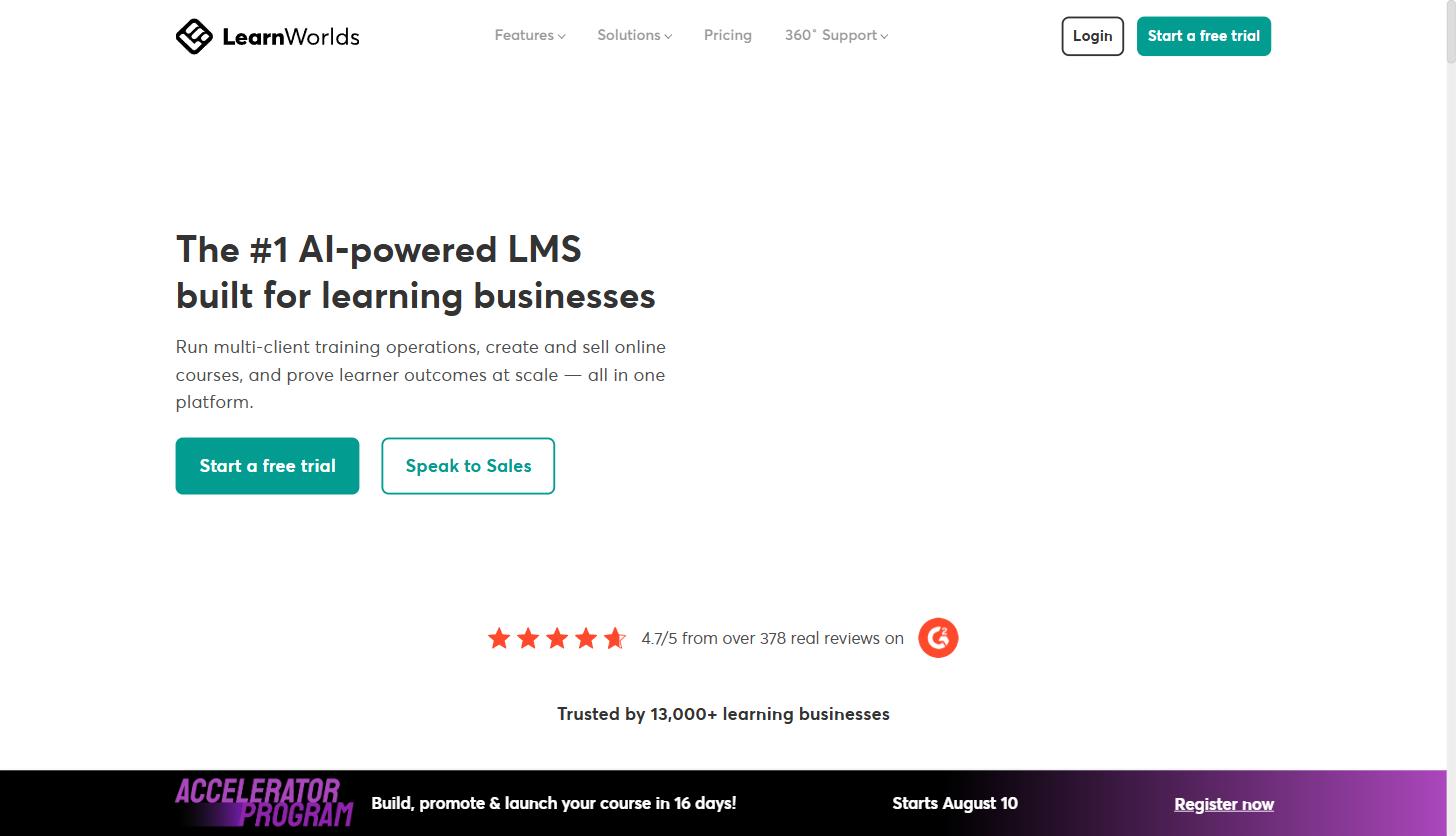 Building a Customer Academy for Your SaaS Company: A Practical LearnWorlds Walkthrough 1 LearnWorlds homepage showing the AI-powered LMS positioning for learning businesses