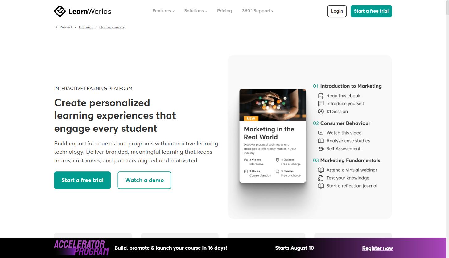 Building a Customer Academy for Your SaaS Company: A Practical LearnWorlds Walkthrough 2 LearnWorlds interactive learning platform feature page showing course structure with modules, quizzes, and activities