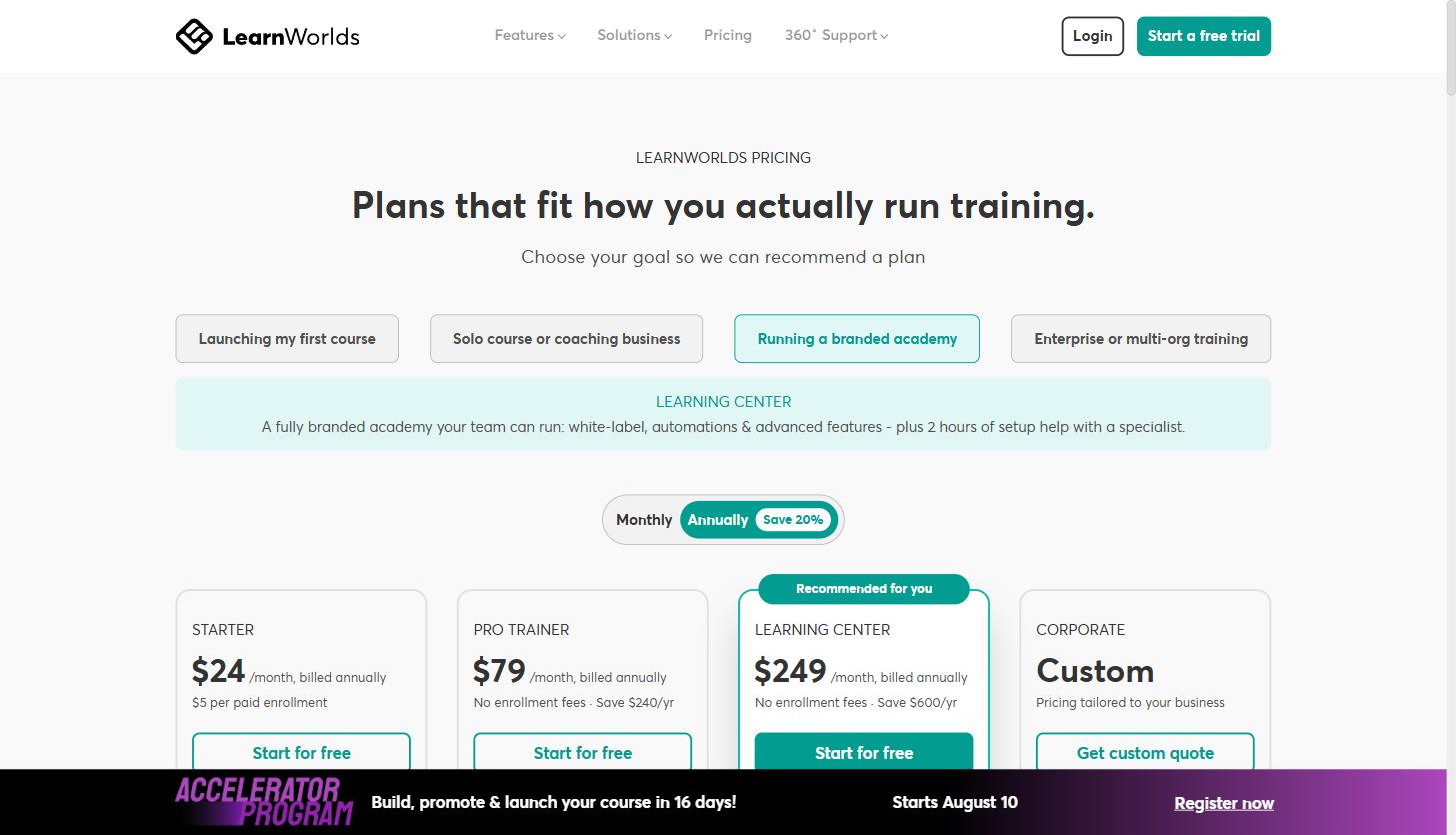 Building a Customer Academy for Your SaaS Company: A Practical LearnWorlds Walkthrough 3 LearnWorlds pricing page showing Starter, Pro Trainer, Learning Center, and Corporate plan tiers