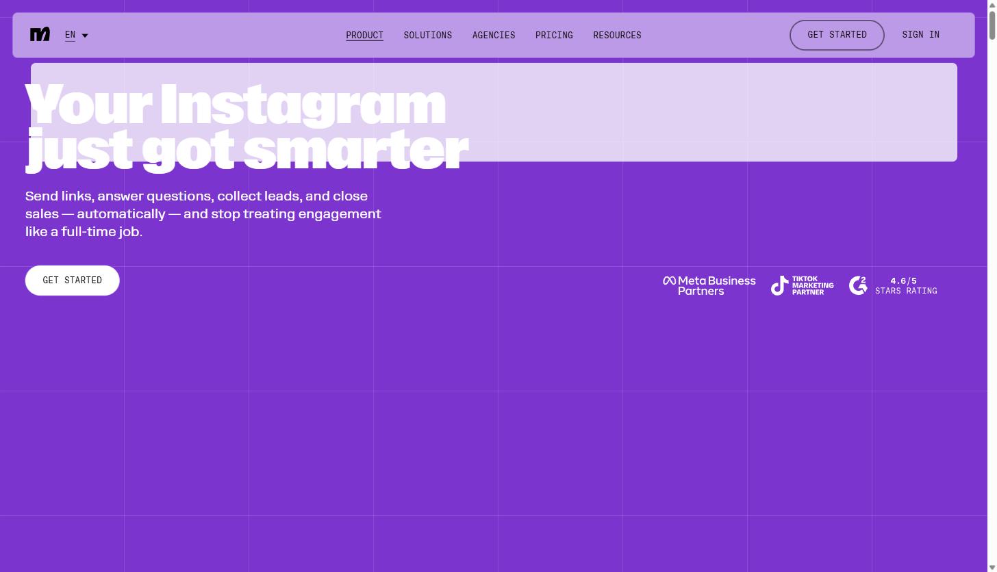 Manychat's Instagram automation product page with the headline 'Your Instagram just got smarter' and Meta Business Partner, TikTok Marketing Partner, and 4.6 out of 5 G2 rating badges