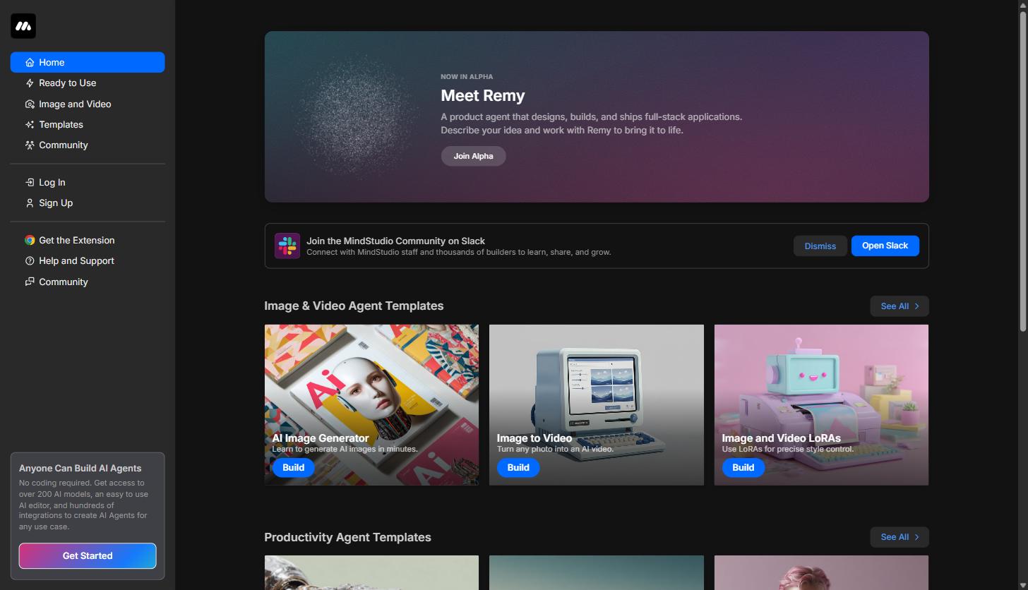 MindStudio app dashboard showing categorized agent template galleries including AI Image Generator, Image to Video, and Image and Video LoRAs, each with a Build button