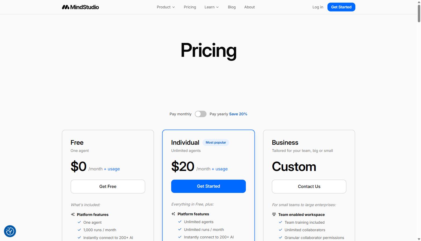 MindStudio pricing page showing Free at $0/month, Individual at $20/month marked Most Popular, and Business at custom pricing