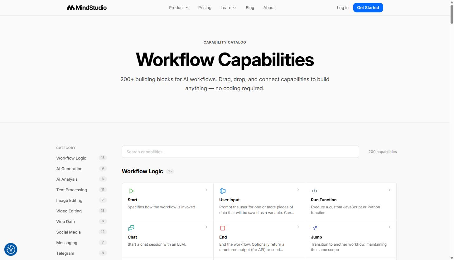MindStudio Workflow Capabilities catalog showing 200+ building blocks organized by category including Workflow Logic, AI Generation, and Text Processing