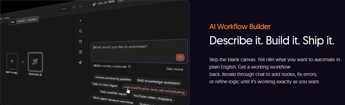 n8n for B2B Service Businesses and Agency Teams: A Practical Guide to Automating Operations Without Writing Custom Code 2 n8n AI Workflow Builder interface with a prompt box reading 'What would you like to automate?' and suggested templates like RAG knowledge assistant and lead qualification and call scheduling