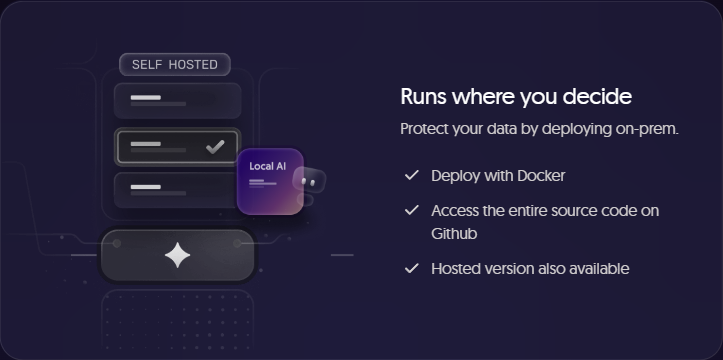 n8n for B2B Service Businesses and Agency Teams: A Practical Guide to Automating Operations Without Writing Custom Code 3 n8n 'Runs where you decide' section showing self-hosted deployment options: Deploy with Docker, access the entire source code on GitHub, hosted version also available