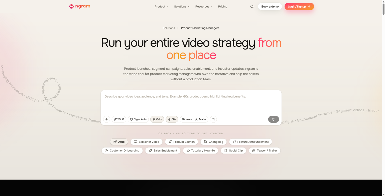 ngram for B2B SaaS Product and Marketing Teams: A Practical Guide to Turning Docs and Screen Recordings Into Real Videos 2 ngram's Product Marketing Managers solutions page with Product Launch and Changelog listed as dedicated video types alongside Feature Announcement and Customer Onboarding