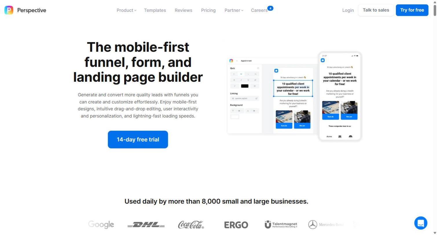 Perspective's mobile-first funnel, form, and landing page builder interface showing the drag-and-drop editor
