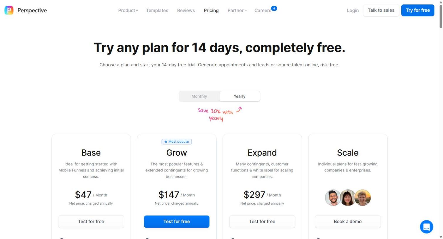Perspective pricing page showing the Base, Grow, Expand, and Scale plan tiers