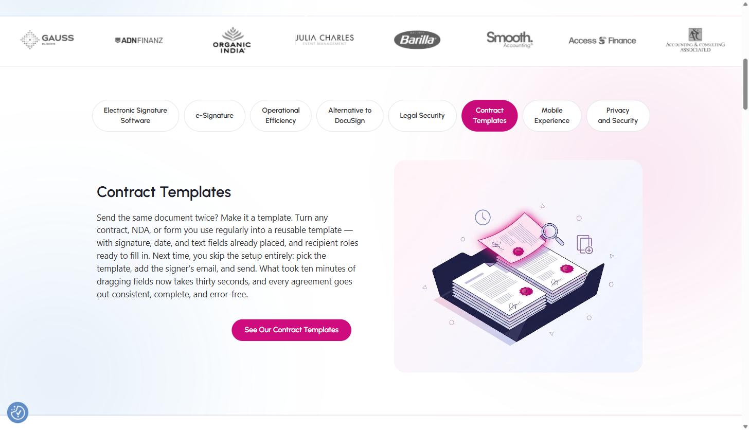 QuickSigner for B2B SaaS and Agency Sales Teams: A Practical Guide to Closing Contracts Faster with E-Signatures 14 QuickSigner Contract Templates feature page describing how to turn a document into a reusable template