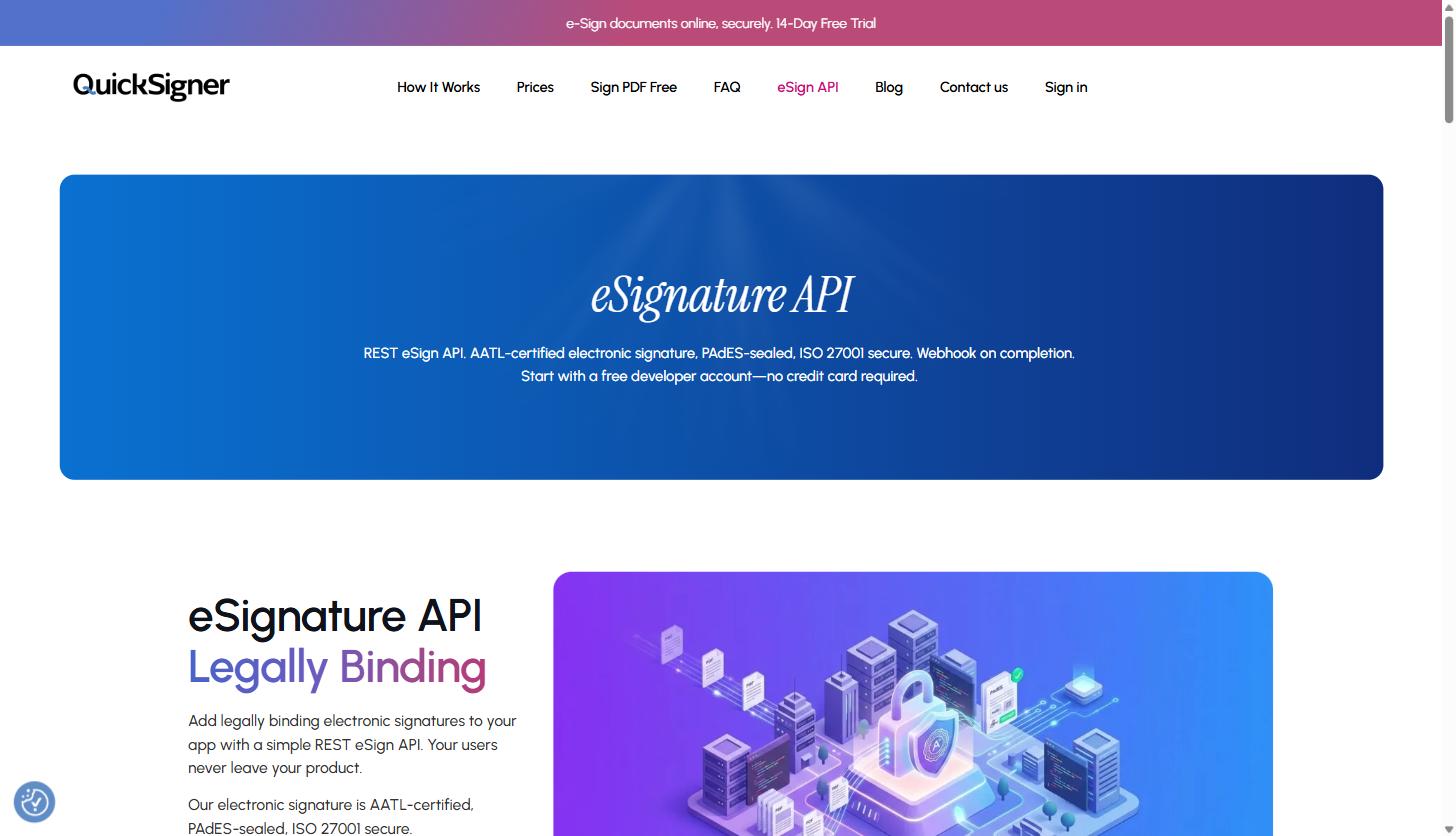 QuickSigner for B2B SaaS and Agency Sales Teams: A Practical Guide to Closing Contracts Faster with E-Signatures 15 QuickSigner eSignature API page showing the REST API overview for AATL-certified, PAdES-sealed electronic signatures