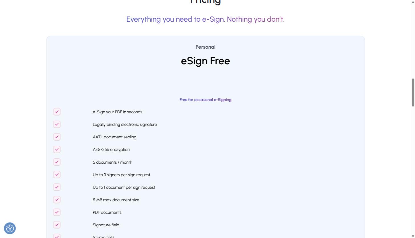 QuickSigner for B2B SaaS and Agency Sales Teams: A Practical Guide to Closing Contracts Faster with E-Signatures 16 QuickSigner pricing page showing the Personal eSign Free plan card with its feature list