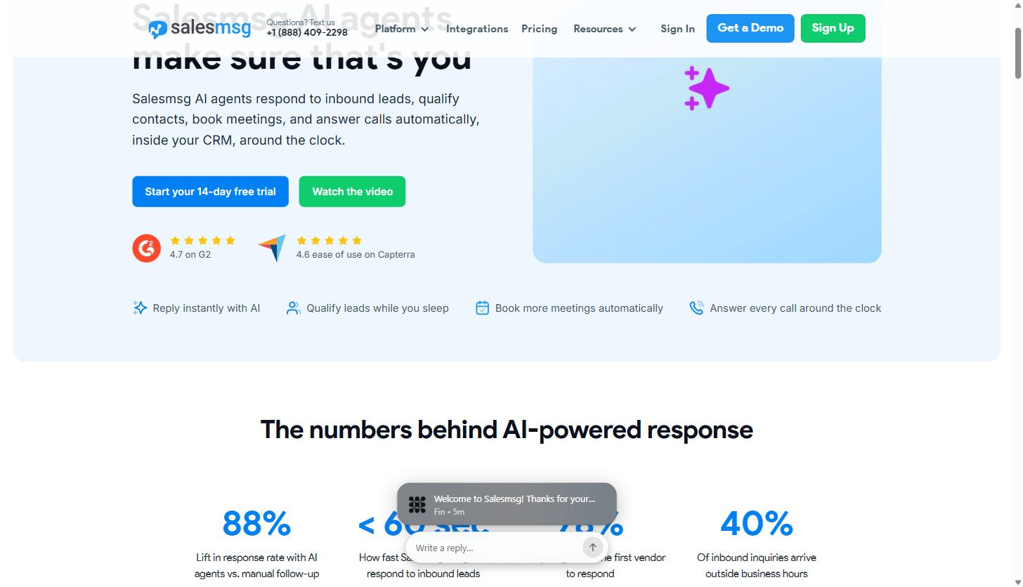 Salesmsg AI Agents landing page showing reported statistics: 88 percent lift in response rate, under 60 second response time, and 40 percent of inbound inquiries arriving outside business hours
